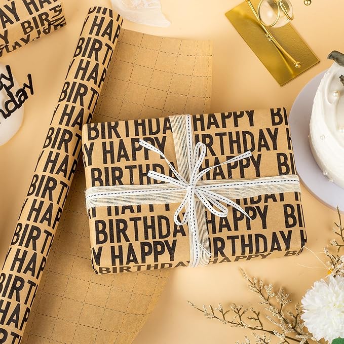 Yarcony Birthday Kraft Wrapping Paper Roll, Mens Gift Wrapping Paper - 17 Inch x 33 Feet - Vintage Style Brown Black Happy Birthday Gift Wrap Thick Present Sheet for Holiday, Party, Father's Day