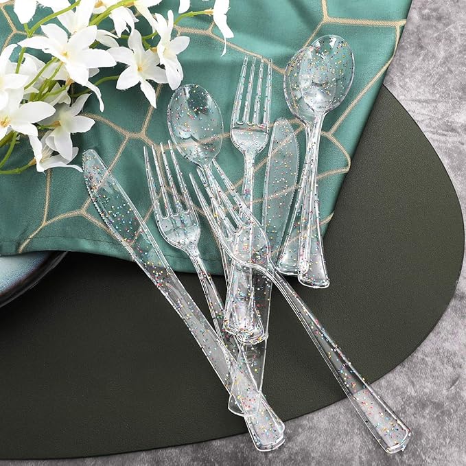 Supernal 360pcs Clear Plastic Silverware, Glitter Disposable Cutlery with Colorful Design,120 Forks,120 Knives,120 Spoons,Perfect for Parties Birthday
