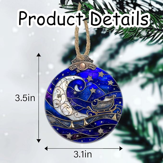 Stained Glass Christmas Decorations, Blue Starry Sky Silver Moon Suncatcher for Window Christmas Tree Hanging Ornaments Bell Sun Catcher Xmas Decor Gifts for Women Men Mom Nana Friend