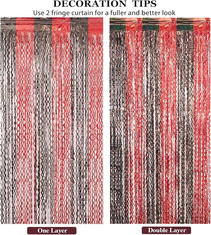 4 Pack 3.3x6.6 ft Red and Black Foil Fringe Backdrop Curtains - Wavy Tinsel Streamers Birthday Birthay Decorations, Fringe Backdrop for Graduation, Xmas, Disco Party