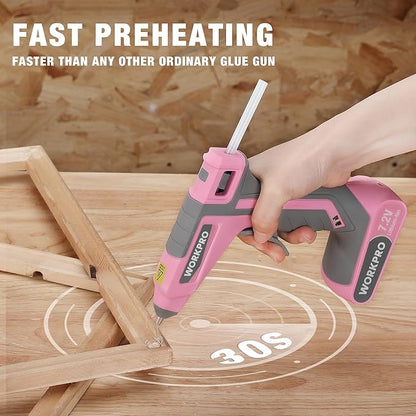 WORKPRO Pink Cordless Hot Melt Glue Gun, 7.2V Rechargeable Fast Preheating Glue Gun Kit with 20 Pc Premium Mini Glue Stick, Automatic-Power-Off Hot Glue Gun for Art, Craft, Decoration - Pink Ribbon