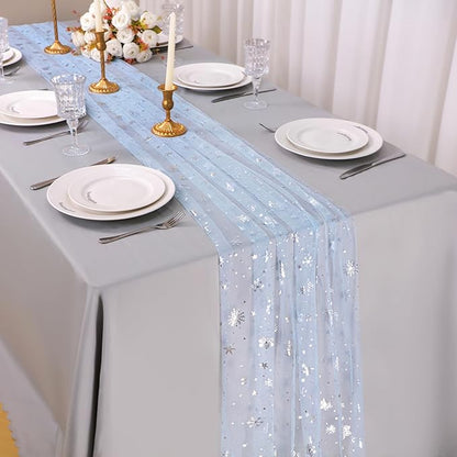 Snowkingdom Silver Snowflake Christmas Table Runner, 10ft Blue Cheesecloth Gauze Sheer Chiffon 120 Inch Winter Table Runner, Seasonal Holiday Kitchen Dining Decoration for New Year Outdoor Party Decor