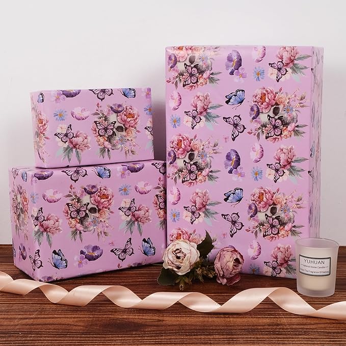 Aimyoo Gothic Wrapping Paper Roll, 17 Inch X 33 Feet Skull Floral Butterfly Design Gift Wrap Paper for Mother's Day, Birthday Bridal Shower