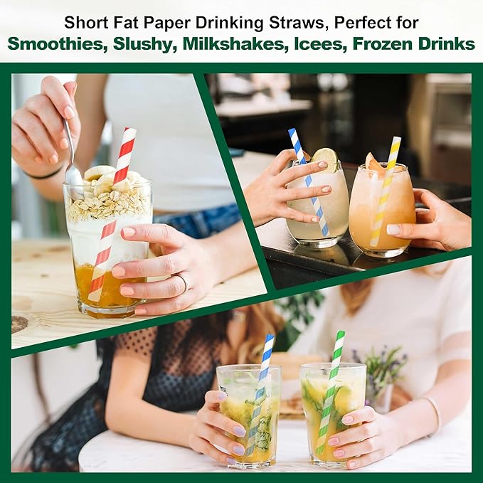 [10mm Wide] Chunspak 6" Short Fat Colorful Striped Paper Drinking Straws Disposable 100 Counts for Smoothie, Milkshakes, Thick Drinks - Biodegradable