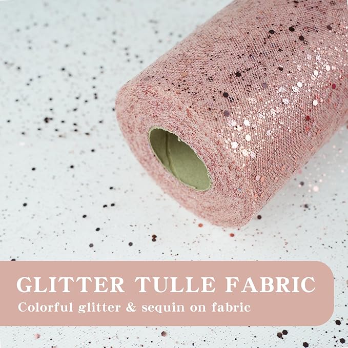 Glitter Tulle Rolls, 6” by 50 Yards (150FT) Sparkling Tulle Spool Ribbon Sequin Tulle Netting Fabric for Tutu Skirt Wedding Birthday Baby Shower (Rose Gold)