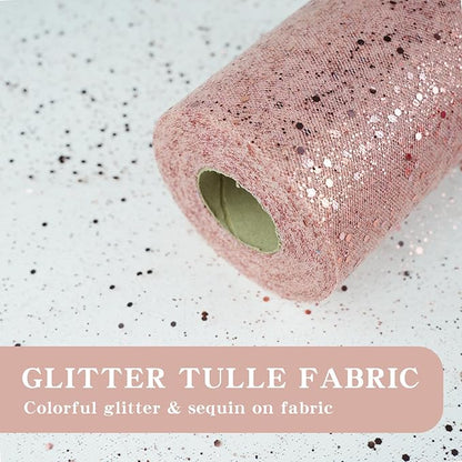 Glitter Tulle Rolls, 6” by 50 Yards (150FT) Sparkling Tulle Spool Ribbon Sequin Tulle Netting Fabric for Tutu Skirt Wedding Birthday Baby Shower (Rose Gold)