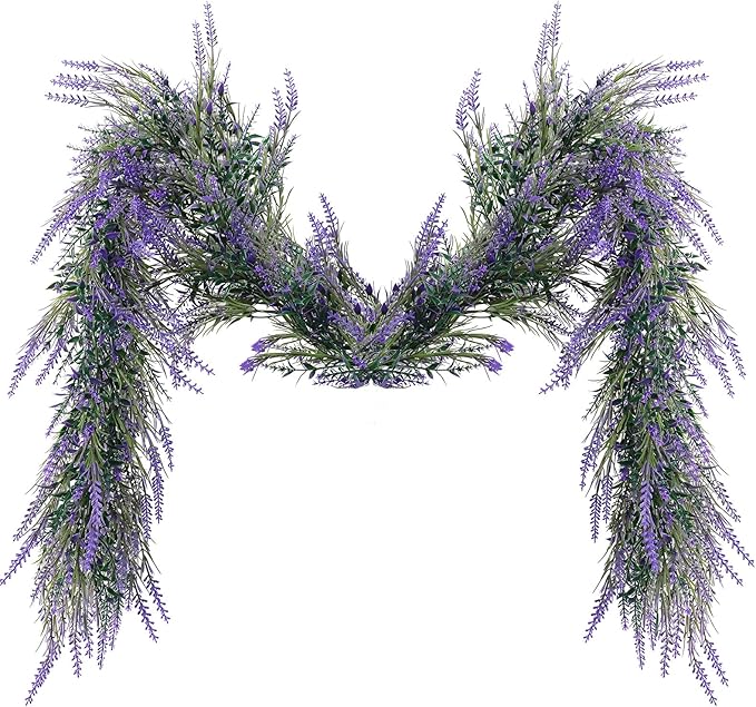 MAKHOT 6Ft Purple Lavender Artificial Garland Decor, Spring Summer All Year Lavender Deep Purple Garland, Green Wreath Vines Decorations for Table Home Wedding Mantle Arch Porch Party