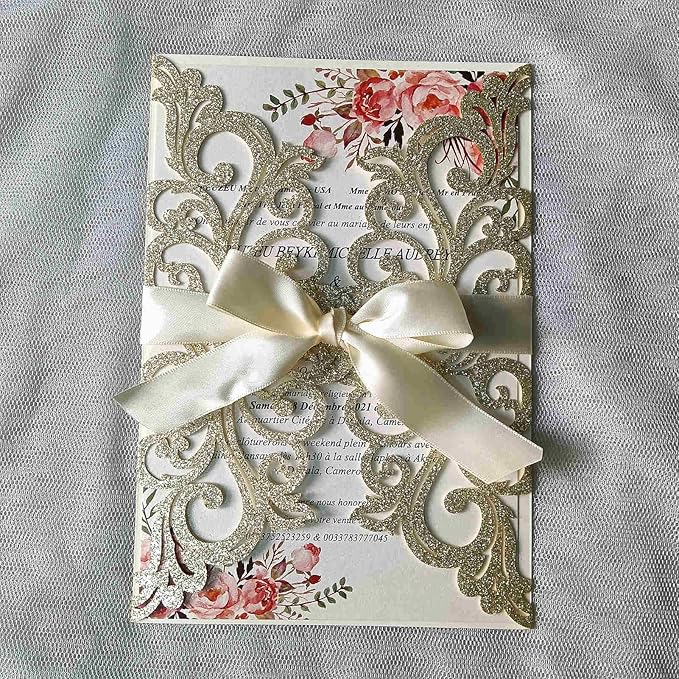25PCS Champagne Gold Glitter Laser Cut Wedding Invitations Cards with Envelopes,Blank Inner Sheets,Ribbons for Wedding Bridal Shower Quinceañera Engagement Birthday Invites, champagne glitter