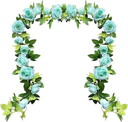 UKELER 2 Pack Artificial Flower Garland Fake Rose Vine Artificial Flowers Green&Blue Hanging Roses for Wedding Arch Party Garden Craft Home Decor