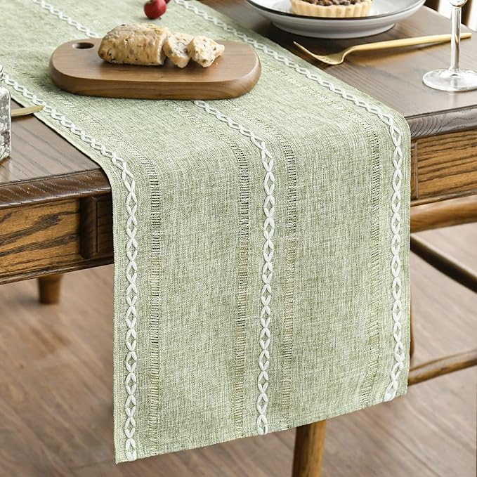Artoid Mode Sage Green Rustic Cotton Linen Table Runner, Seasonal Embroidered Hollow Kitchen Dining Table Decoration for Home Party Decor 13x90 Inch