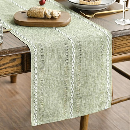 Artoid Mode Sage Green Rustic Cotton Linen Table Runner, Seasonal Embroidered Hollow Kitchen Dining Table Decoration for Home Party Decor 13x90 Inch