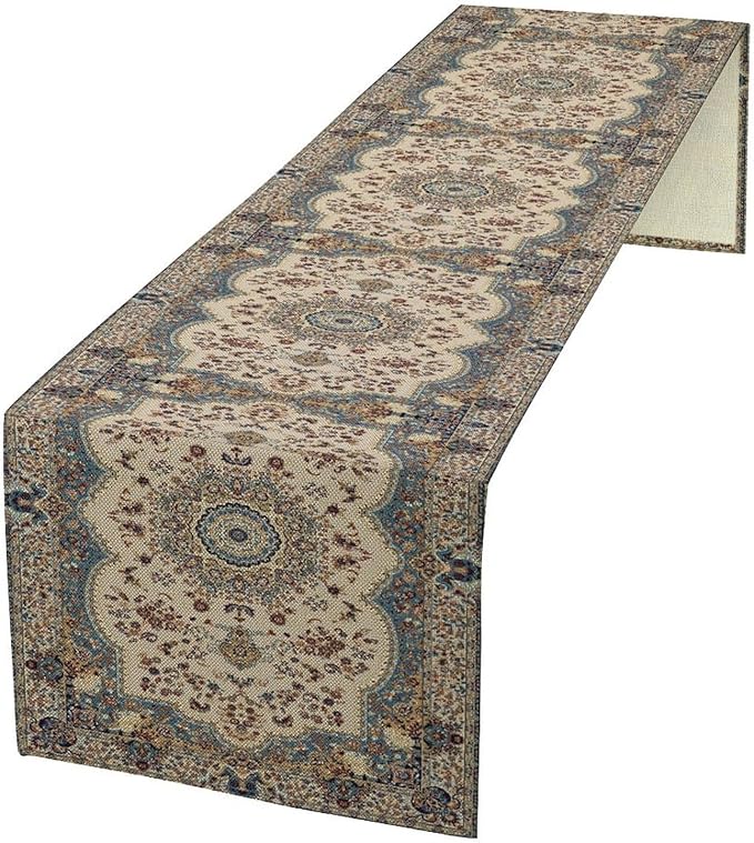 Boho Bohemia Style Table Runner, Vintage Blue Teal Gold Retro Flower Rustic Country Style Floral Print Pattern for Home Kitchen Table Decor Dining Coffee Room Garden Party Decor 13x60in