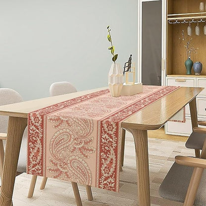 Pink Paisley Table Runner, Abstract Vintage Boho Paisley Flowers Leaves Print Table Runner for Home Kitchen Dining Room Wedding Party Decor, 13x90inch