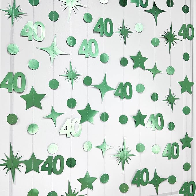 Sage Green 40th Birthday Decorations Number 40 Circle Dot Twinkle Star Garland Metallic Streamer Banner Backdrop for Women Mens Cheers to 40 Years Old Birthday Happy 40th Anniversary Party Supplies
