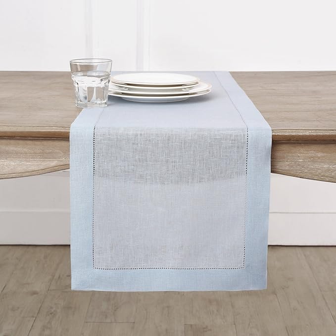 Solino Home Linen Light Blue Table Runner 120 Inches Long - 100% Pure Linen 14 x 120 Inch Table Runner - Classic Hemstitch