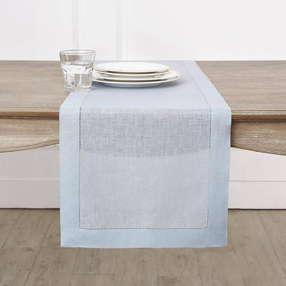 Solino Home Linen Light Blue Table Runner 90 Inches Long - 100% Pure Linen Hemstitch 14 x 90 Inch Table Runner for Dining - Classic Hemstitch