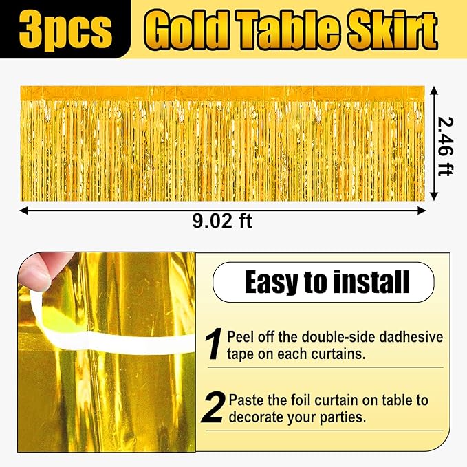 3 Pack 29x108 Inch Gold Foil Fringe Table Skirts Metallic Banner for Tinsel Streamer Garland Backdrop for Parade Floats Wedding Thanksgiving Birthday Christmas Halloween Party Decoration