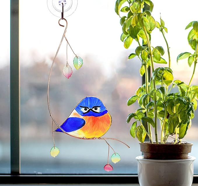 Lolitarcrafts Grumpy Owl Stained Glass Suncatcher Bluebird Stained Window Painting Bird Hanging