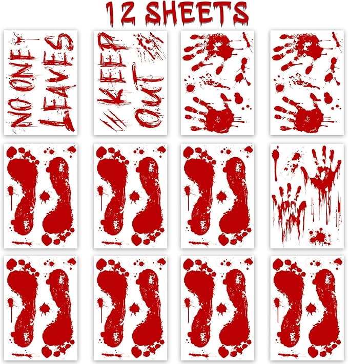 Halloween Bloody-Handprint-Footprints Floor Stickers, Scary Halloween Party Indoor/Outdoor Decoration, for Windows Clings, Car - 12 Sheets