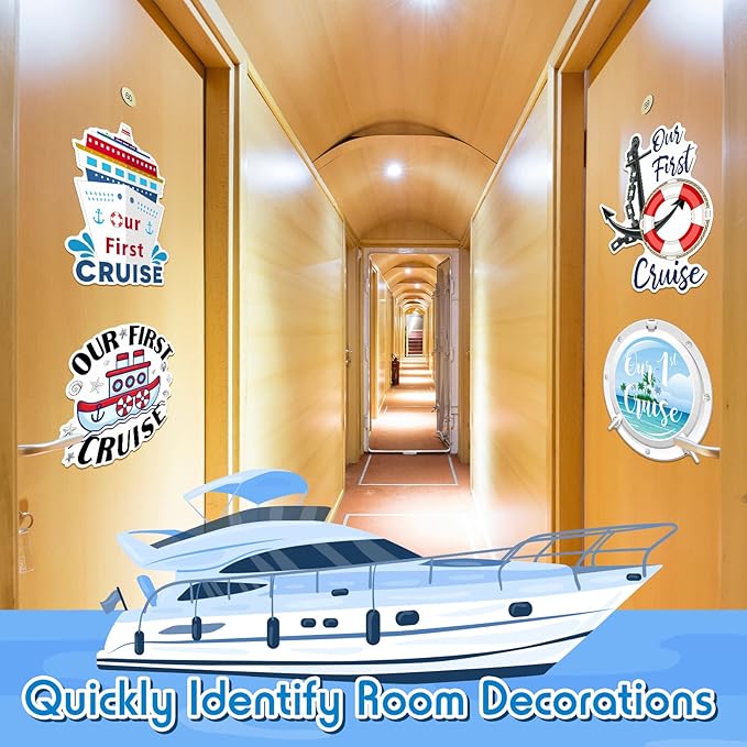 Hoteam 4 Pcs Our First Cruise Door Decorations Magnetic Large First Cruise Ship Door Magnets Funny Waterproof Nautical Magnets for Carnival Cabin Stateroom Fridge Car