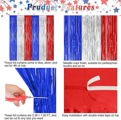 2 Pack 4th of July Party Supplies, 3.28 FT x 7.05 FT 4th of July Tinsel Backdrop, Blue Silver Red Color Fringe Curtains Streamer Backdrop, 4th of July Photo Backdrop Party Decorations