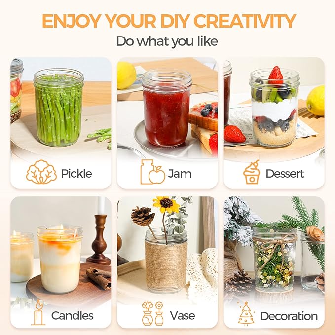 ComSaf Wide Mouth Mason Jars 16oz - 8 Pack, Pint Mason Jars with Lids and Seal Bands, Glass Canning Jars for Pickling, Jam, Jelly, Honey, Salad, Desert, Shower Wedding Favors, DIY Candles Decor