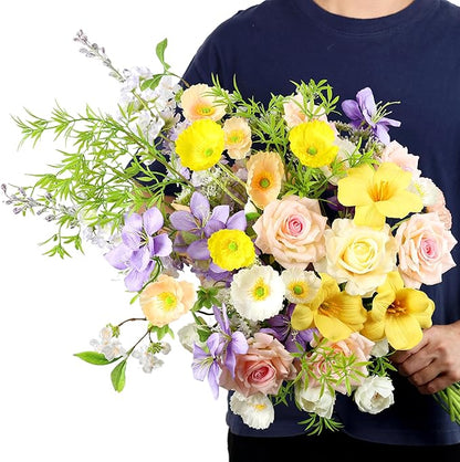 Artificial Flowers Bouquets for Bridal Wedding Home Decor Fake Floral Arrangements for Party Table Centerpieces DIY Silk Flower Set Spring Summer Indoor Outdoor (Combo Pink/Yellow)