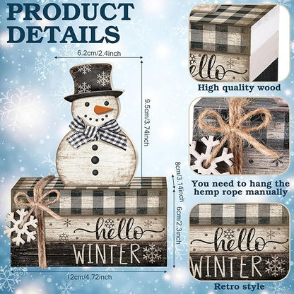 4 Pcs Snowman Christmas Decor Winter Table Decorations Christmas Tiered Tray Decor Winter Centerpiece Indoor Rustic Wooden Snowman Block Sign Gift Farmhouse for Home Kitchen Shelf