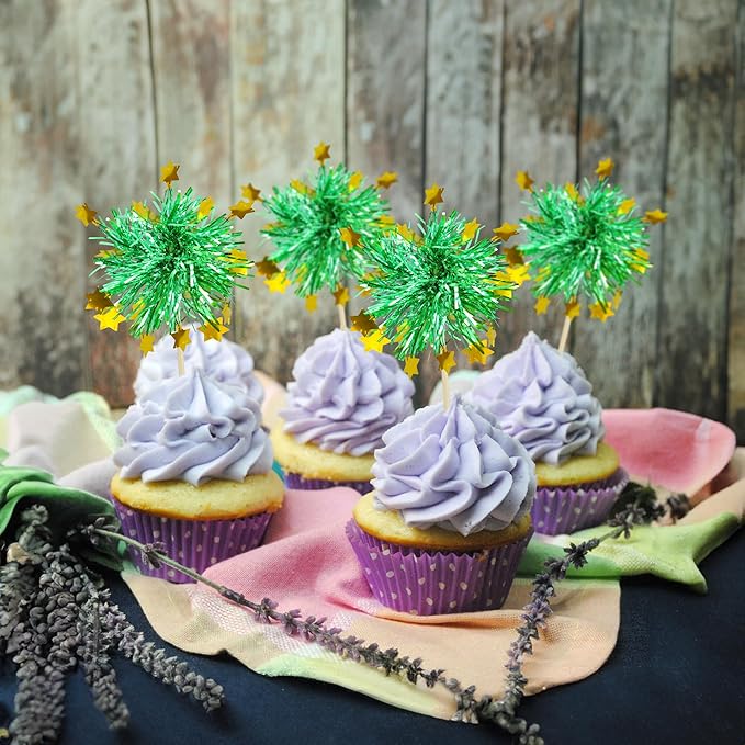 Ephlyn 30Pcs Foil Firework Cupcake Toppers Happy Birthday Cake Toppers Tinsel Flower Drink Stirrers Cocktail Food Fruit Toothpicks for Valentine's Day Party Decorations Green