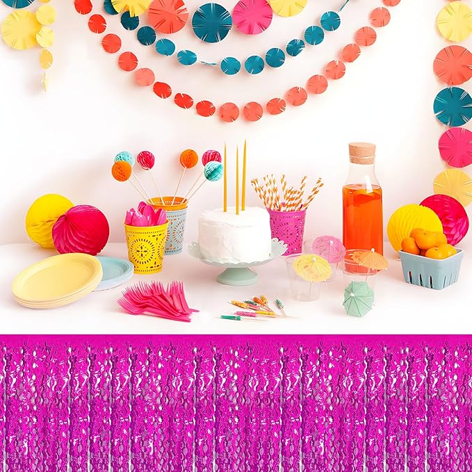 6Pack 29 x108 Inch Rose Red Wave Foil Fringe Table Skirts Metallic Banner for Tinsel Streamer Garland Backdrop for Parade Floats, Mother's Day, Easter, Graduate, Birthday, Wedding Party Decoration