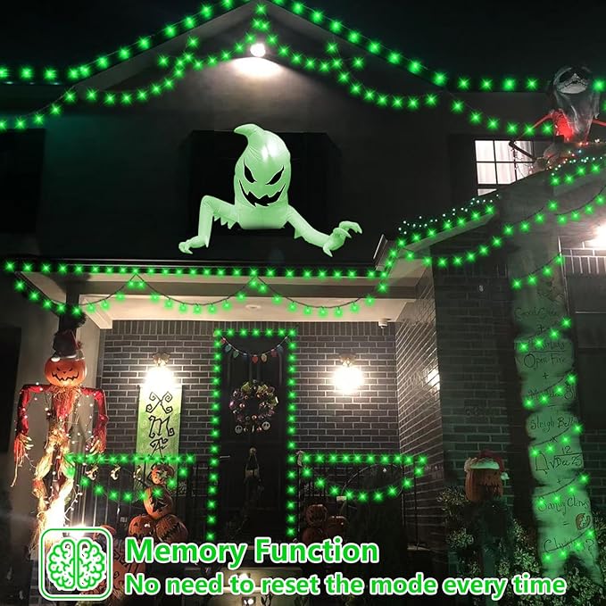 YEGUO 66ft 200 LED Green Halloween Lights Outdoor Waterproof, Green Wire Christmas String Lights Indoor, 8 Modes Twinkle Tree Lights Plug in with Timer Memory
