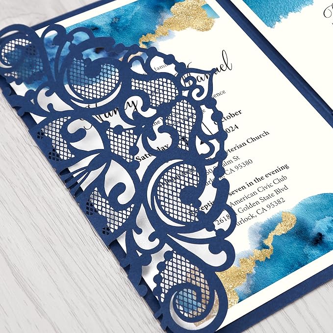 DORIS HOME 50PCS Laser Cut Wedding Invitations with Envelopes and RSVP Cards Personalized Inner With Gold Glitter Belly Band for Wedding Engagement Bridal Shower Party Invite 4.7x7 Inch Navy Blue