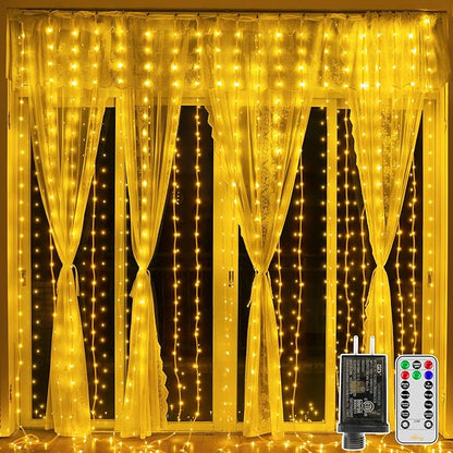 Ollny Curtain Lights 300LED 9.8ftx9.8ft, Connectable IP67 Waterproof Outdoor Curtain String Lights with Remote, Plug-in Untangle Fairy Lights with 8 Modes 3 Timers for Wall Backdrop Decor(Warm White)