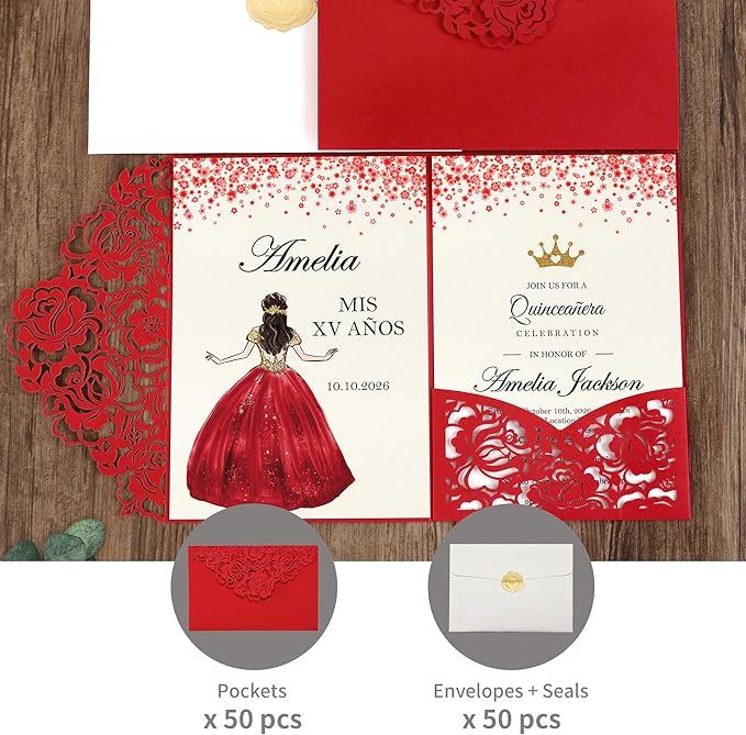 DORIS HOME 50pcs Laser Cut Quinceanera Invitation Pockets with Envelopes Red, 5.12" x 7.12"Invitation Cards for Birthday, Miss 15, Sweet 16 (No Inserts Included)