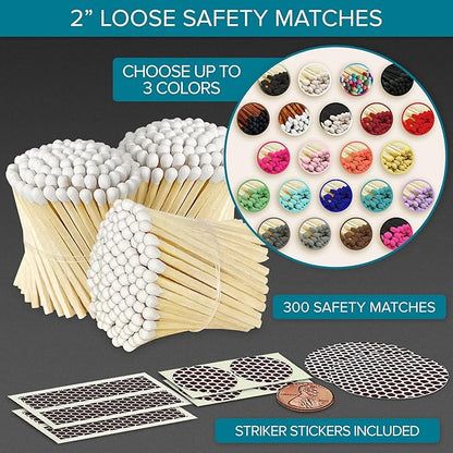 2" Choose Your Colors Safety Matches | Set of 300+ Bulk Artisan Matchsticks with Striker Stickers by Thankful Greetings | Select 3 Colors - 100+ of Each | Custom for Your Home Decor, Gifts, & Events