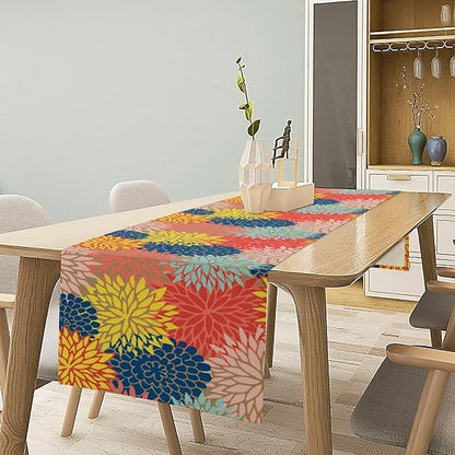 Dahlia Flowers Table Runner Colorful Floral Teal Grey Pink Yellow Blue Abstract Table Runner Kitchen Dining Party Decor Living Room, 13x90 Inch