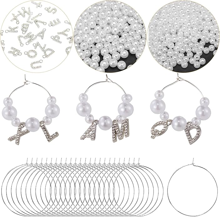 50 Sets Wine Glass Charms, Wine Charms for Stem Glasses, DIY Reusable Drink Markers for Weddings & Bachelorette with Alphabet Beads