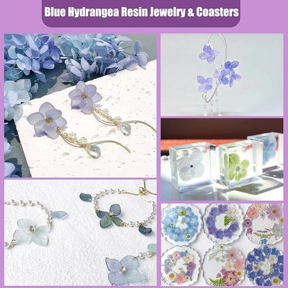 LUXEEASE 140 Pcs Dried Pressed Hydrangea Flowers for Crafts, Real Natural Blooms in Blue, Pink & White Tones with Foliage Accents, Perfect for Resin Art, DIY Jewelry & Home Decor – Tweezers Included