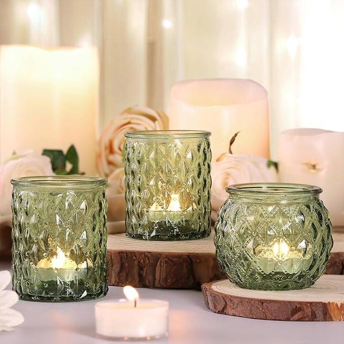 12pcs Assorted Green Votive Candle Holders, Tea Lights Candle Holder for Table Centerpiece, Green Candle Holders for Wedding, Bridal Shower and Tea Party Decorations