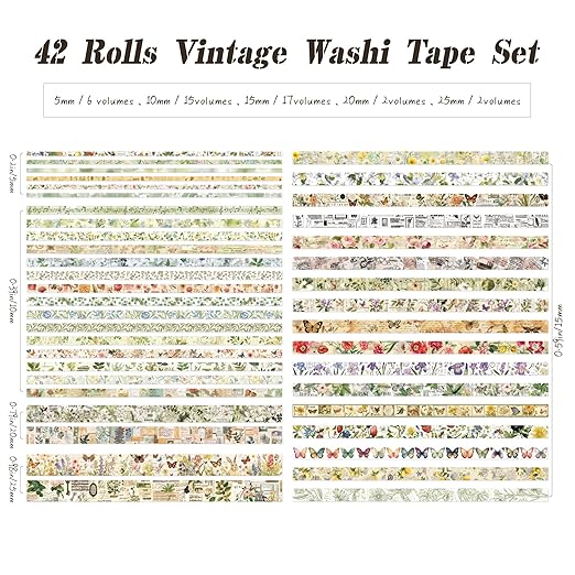 42 Rolls Vintage Washi Tape Set, Delicate Butterfly & Lush Floral Botanical Themed Writable Decorative Tapes with Retro Elements for Scrapbooking, Junk Journal Supplies, Bullet Journaling 5-25mm Wide