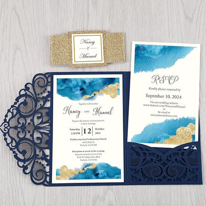 DORIS HOME 50PCS Laser Cut Wedding Invitations with Envelopes and RSVP Cards Personalized Inner With Gold Glitter Belly Band for Wedding Engagement Bridal Shower Party Invite 4.7x7 Inch Navy Blue