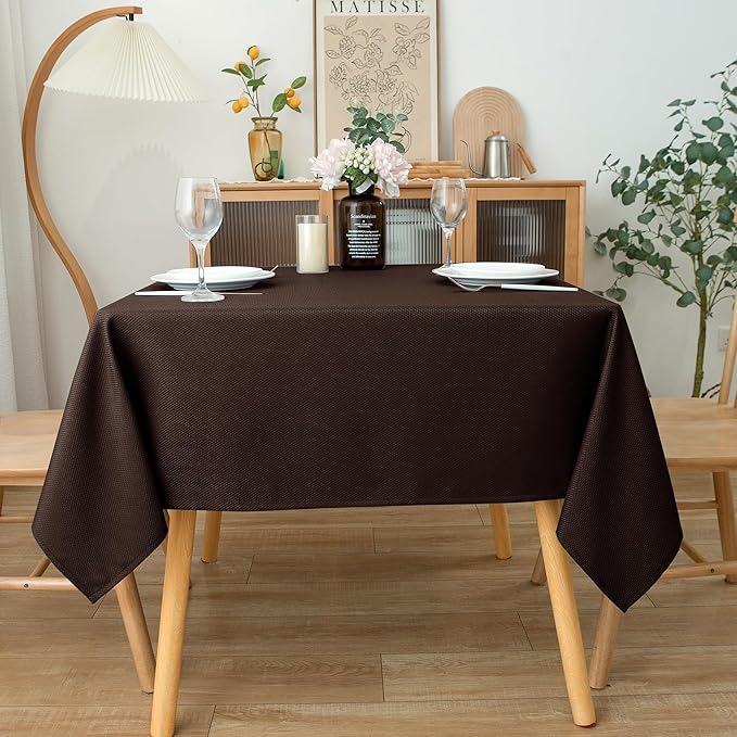 Biscaynebay Textured Fabric Square Tablecloth 90x90 Inch, Brown Water Resistant Card Table Cloth Folding Table Cover for Dining, Kitchen, Wedding and Parties etc. Machine Washable