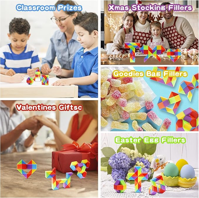 Ganowo 30 Pack Party Favor, Medium Fidget Snake Cube Twist Puzzle Toys for Kids Teens Stocking Stuffers Bulk Birthday Party Supplies Goodie Bags Fillers (Rainbow)