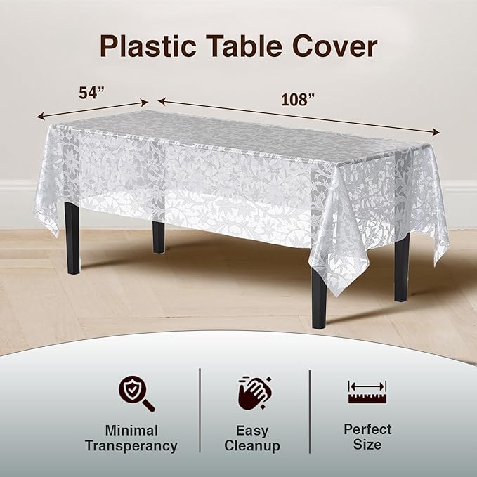 Exquisite Lace Table Cloth Rectangle Table Plastic 12-Pack Lace Tablecloth Rectangular 54" X 108" | White Floral Tablecloth Disposable | Wild Flower Party Decorations & Party Supplies