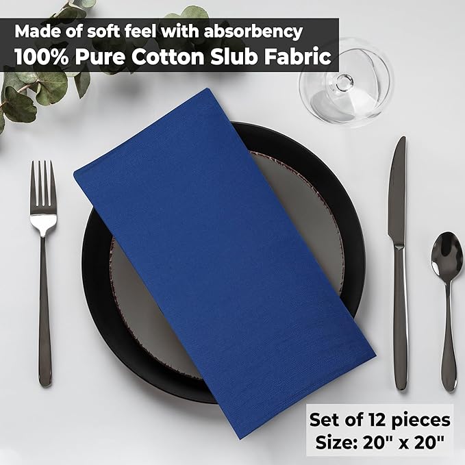 Urban Villa Cloth Napkins 100% Cotton Slub Absorbent Dinner Napkins (Set of 12) Oversized 20x20 Inches Solid Royal Blue Color Soft Durable Reusable Washable Ideal for Everyday Use Wedding Parties