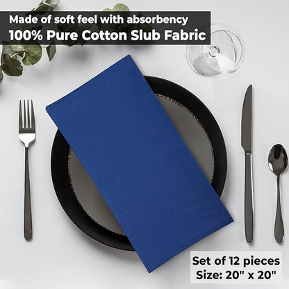Urban Villa Cloth Napkins 100% Cotton Slub Absorbent Dinner Napkins (Set of 12) Oversized 20x20 Inches Solid Royal Blue Color Soft Durable Reusable Washable Ideal for Everyday Use Wedding Parties