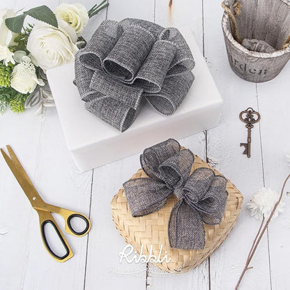 Ribbli Grey Burlap Wired Ribbon,1-1/2 Inch x 10 Yard,Gray,Solid Wired Edge Ribbon for Big Bow,Wreath,Tree Decoration,Outdoor Decoration