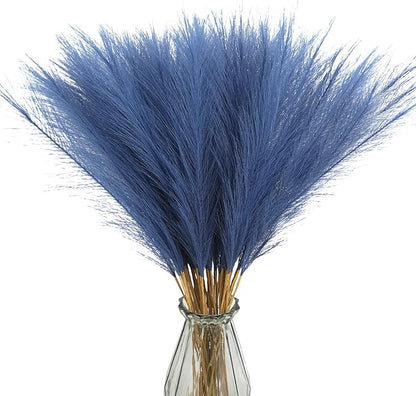 50pcs Faux Pampas Grass, 21.6" Short Artificial Pompous Grass Floral Fake Pompas Grass Branches Vase Filler Flower Arrangement for Home Wedding Boho Decor, Blue
