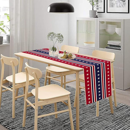 4th of July Table Runner, USA Flag Stars Stripes American Independence Day Red Blue White Stars Lines Print Table Cover for Farmhouse Kitchen Indoor Outdoor Home Party, 13x70inch