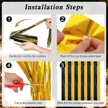 2 Pack Graduation Backdrop, 3.28 FT x 7.05 FT Black and Gold Foil Fringe Curtains, Metallic Foil Curtain Graduation Backdrop, Grad Party Supplies Black and Gold Party Decorations Class of 2025